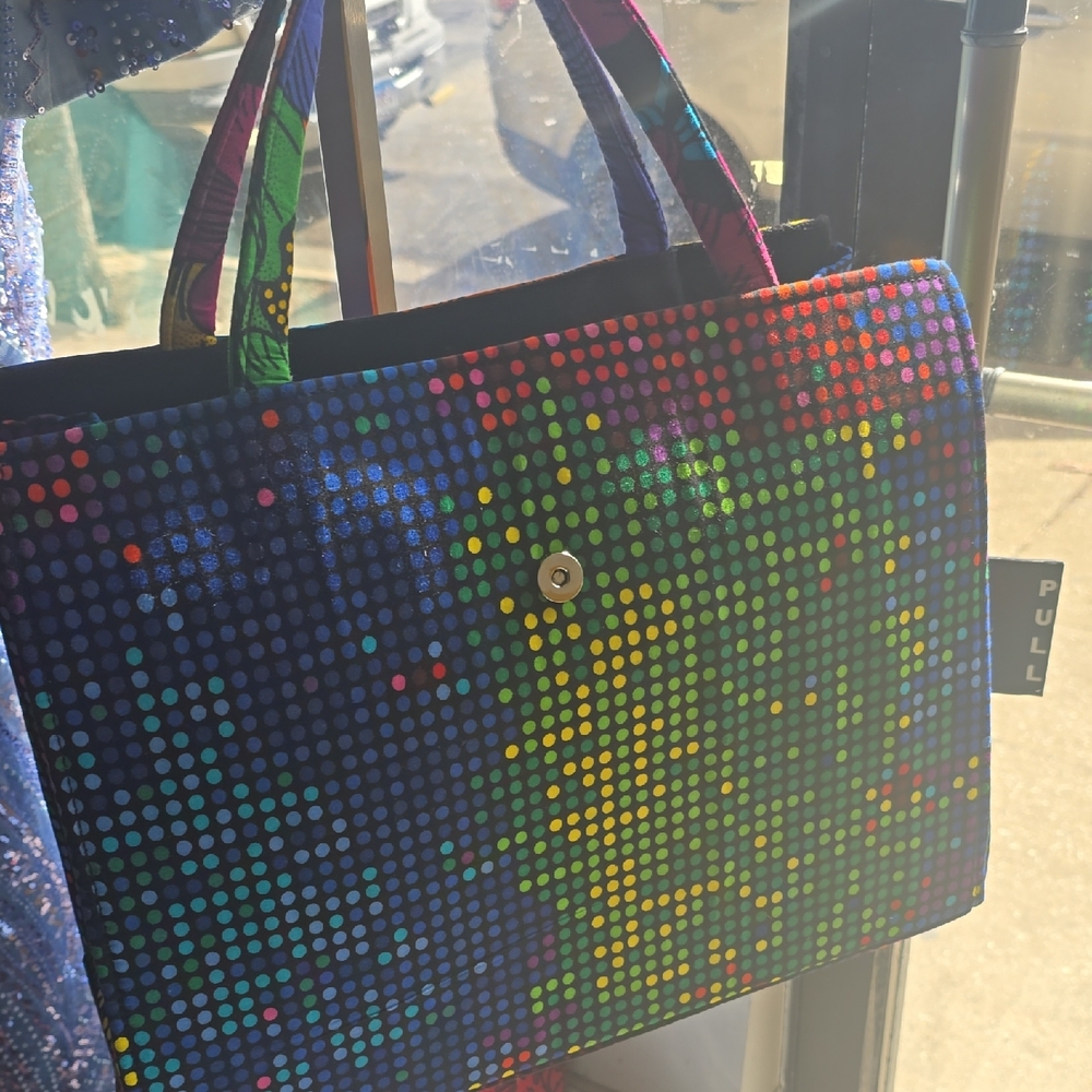 Black Pixelated Tote Bag with Dark Straps